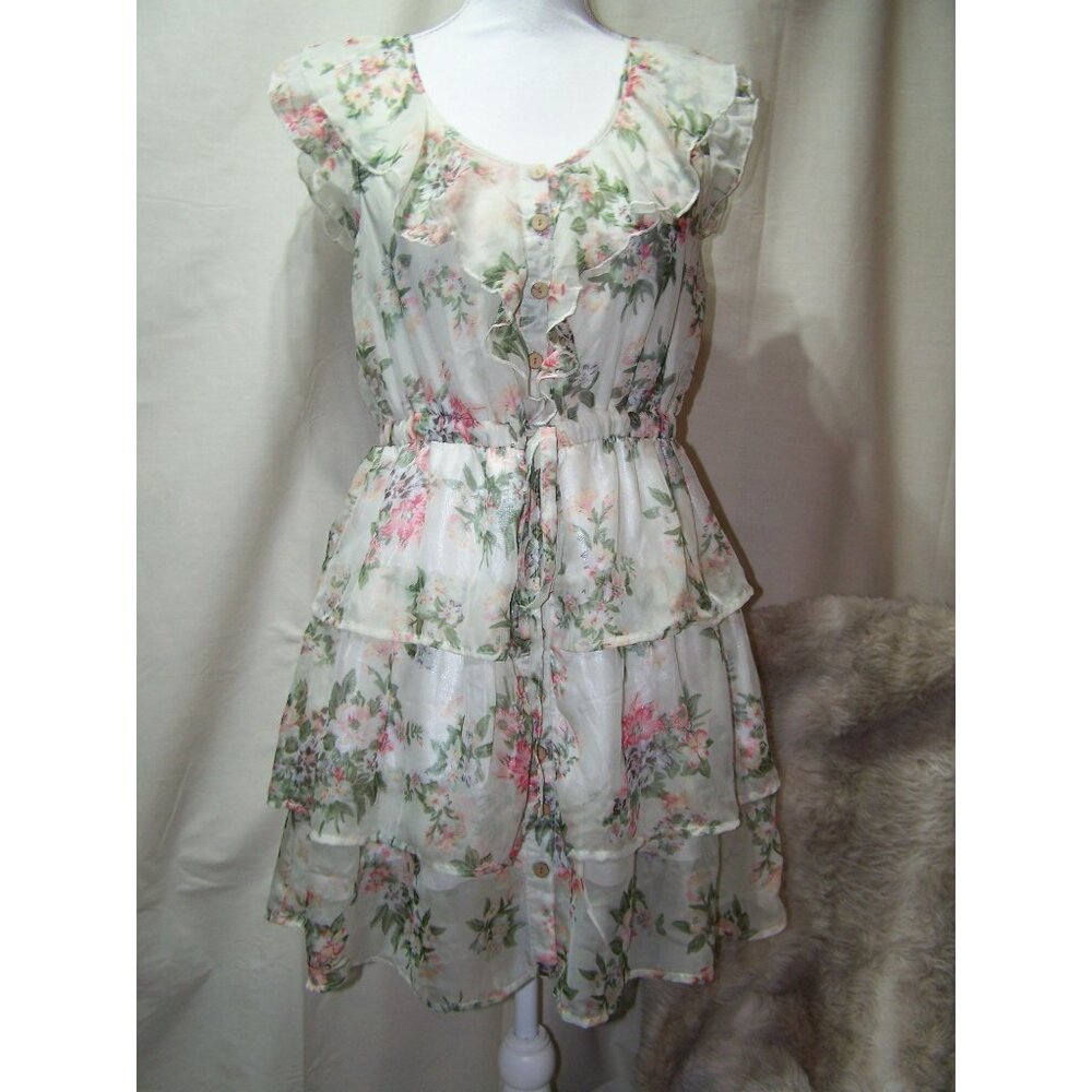 Blue Bird Dress Floral Tiered Sweet! Medium Ruffles Feminine